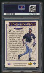 lot 22 image: Michael Jordan PSA 9 Mint 1995 Upper Deck Minor League MJ One on One #7 Baseball Card