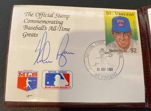 lot 25 image: Nolan Ryan Signed Commemorative Baseballs All-time Greats 5,000 Strikeouts 23kt Gold Plate and Autographed Stamped Envelope