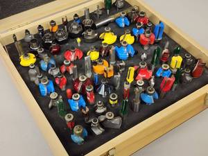 lot 52 image: Very Large Assortment of Shaper  Router Bits in a Rockler Wooden Case