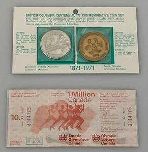 lot 6 image: Vintage Canadian Olympic Lottery Ticket & British Columbia Centennial 71 Commemorative Coin Set