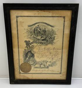 lot 110 image: Vintgae 1905 Marriage Certificate Framed Behind Glass 12x15