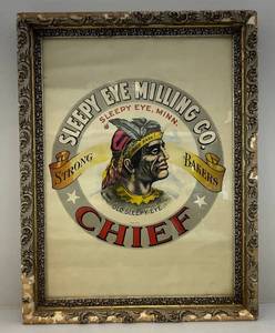 lot 113 image: EST. $300.00 - $10,000 Vintage Original  Sleepy Eye Milling Company (Sleepy Eye Minnesota) Strong Bakers Chief Poster Framed Behind Antique Wavy Glass In Vintage Frame (VERY AWESOME PIECE) Frame Needs Work