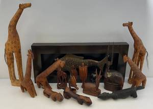 lot 130 image: Misc. Hand Carved Wood Animal Sculptures & More (Some With Chipped Ears)