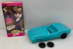lot 155 image: 1964 IRWIN Brand Mattel Barbie Doll Convertible Corvette Car (Front Axle Missing Tires Present) & Vintage Olympic Barbie (NIB)