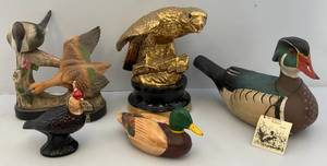lot 161 image: Group Of Misc. Bird & Duck Items Including American Waterfowl Series Hand Carved Wood Duck Drake, Decanters & More