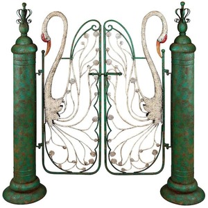 lot 73 image: Swan Serenade 52 in. W x 54 in. H Antique Metal Garden Fence Gate