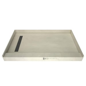 lot 154 image: Tile Redi Redi Trench 32 in. x 60 in. Single Threshold Shower Base with Left Drain and Brushed Nickel Trench Grate