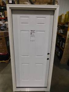 lot 49 image: JELD-WEN 36 in. x 80 in. 6-Panel Primed Steel Prehung Left-Hand Inswing Front Door wBrickmould