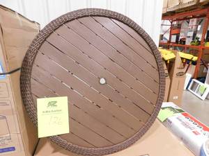 lot 126 image: Hampton Bay Cambridge Brown Round Resin Wicker Outdoor Dining Table with Faux Wood Table Top