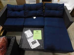lot 130 image: PHI VILLA Black Rattan Wicker 3 Seat 3-Piece Steel Outdoor Patio Sectional Set with Blue Cushions and Coffee Table