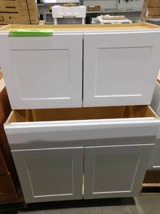 lot 143 image: Hampton Bay Shaker  Kitchen Cabinet in Satin White Lot of 2