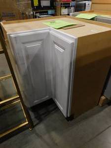 lot 146 image: Hampton Bay Hampton 28.5 in. W x 16.5 in. D x 34.5 in. H Assembled Lazy Susan Corner Base Cabinet in Satin White
