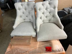 2 Beige Linen Curved Back Tufted Dining Chairs