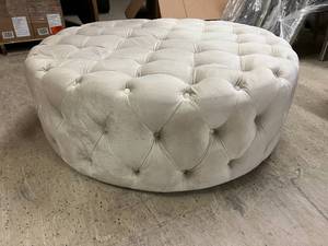 Beige Velvet Round Tufted Cocktail Ottoman