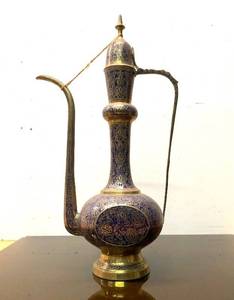 lot 24 image: LARGE Ornate Vintage Brass & Hand Painted Blue Middle Eastern Pitcher 