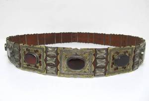 lot 84 image: Old Vintage Leather Backed Turkoman Silver & Carnelian Belt