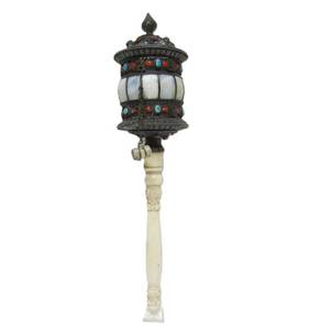 lot 102 image: Exceptional Old Bone & Ornate Silver Tibetan Prayer Wheel