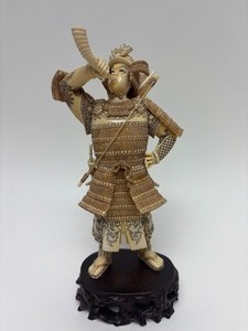 lot 29 image: Carved Vintage Faux Ivory or Bone Japanese Samurai Figure #1