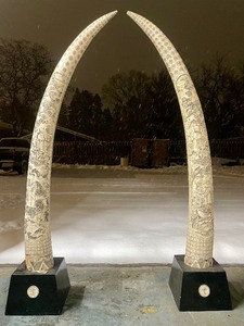 Pair of HUGE Monumental Carved Bone Elephant Tusk Sculptures