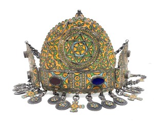 lot 134 image: 19th Century Enameled Silver Moroccan Judaica Crown  Headpiece