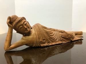 Vintage Wooden Laying  Resting Buddha Figure