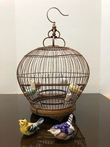 Vintage Wooden Bird Cage w Bone China Birds