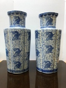 Vintage TALL Pair of Blue and White Porcelain Vases