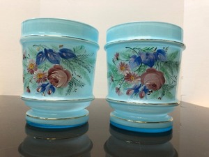Pair of Vintage Czech Blue Hand Painted Glass Vases