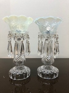 Vintage Crystal Candlesticks w Prisms &amp Opaline Shades
