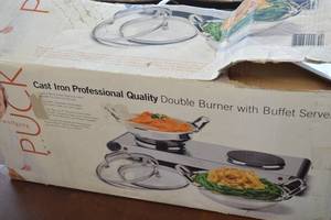 lot 2 image: Wolfgang Puck Cast Iron Professional Quality Double Burner with Buffet Servers