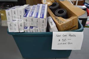 lot 3 image: Assorted New Car Parts in Storage Bin