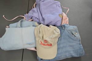 lot 10 image: Assorted Clothing Lot with Timberland Cap, Sonoma Overalls, and More