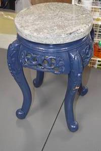 lot 67 image: Vintage Blue Carved Wooden Stool with Marble Top