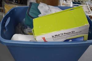 lot 77 image: Assorted Household Lot Including Pyrex Portable, In-Wall TV Power Kit, and Glassware