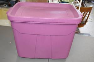 lot 90 image: Large Purple Storage Bin with Assorted Craft Supplies and Home Decor
