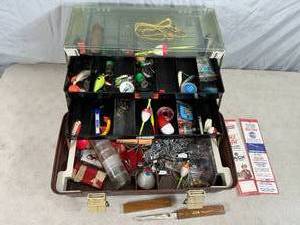 Fishing Tackle Box with Assorted Tackle, Lures, Knife, and More