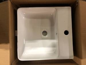 lot 23 image: Eridanus Turner Crisp White Vitreous China 16 in. Square Wall-Mount Vessel Sink with Faucet Hole and Overflow Customer Returns See Pictures