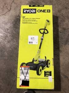 lot 31 image: RYOBI ONE 18V 12 in. Cordless Battery 3-in-1 Mower, String Trimmer, and Edger (Tool Only) Customer Returns See Pictures