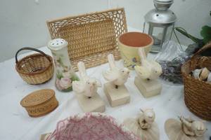 lot 5 image: Home Decor, Small wicker baskets, fall craft baggies, Sea Shells, small planters , Lil Red Wagon, green foliage and more