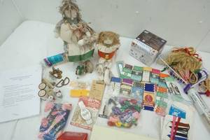 lot 6 image: Sewing Material, Crafts, Cross Stitch String, side winder, Pin Holding Dolls, bells, mini cloths pins and more