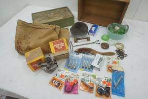 lot 7 image: Variety of Hardware, Hanging Hooks, Small wood crate, glass covers, potato bad, oil spout, lights and more