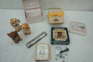 lot 9 image: New Recipe Box, Dog Salt & Pepper Shakers, Harmonaka, Daily Readings Books, Sisters & Quiet Time for Couples