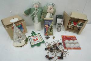 lot 12 image: New in box Christmas decor, figurines, Tinsel icicles, trivet, snowmen and more