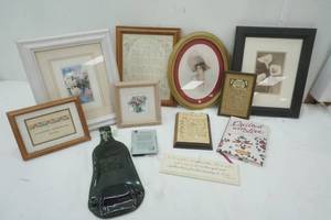 lot 14 image: Vintage pictures, victorian lady, wine bottle rest, word plaques