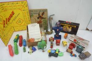 lot 17 image: Antique wood block & Plastic toys, toy music horn, Vintage Big Board Came, Little Country Doctor and more