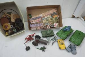 lot 20 image: Plastic Toys, Tractor, Cast Iron Planes, Toy Finding, Vintage Paper Army Camp