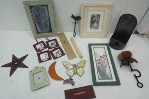 lot 38 image: Flower Pictures, clamp pin cushion, mini picture frames, candle holder, Chalk board frame and more