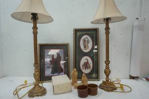 lot 43 image: Saint Nicholas Pictures, Beeswax nativity set, to small glazed stoneware and pair of table lamps