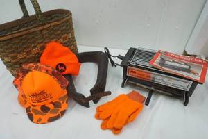 lot 47 image: Horse Collar, Orange gear, wicker basket, New Electric Smokeless Grill