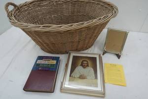 lot 52 image: Wicker Basket, Mini Picture Frame, Religious Picture & Bible
